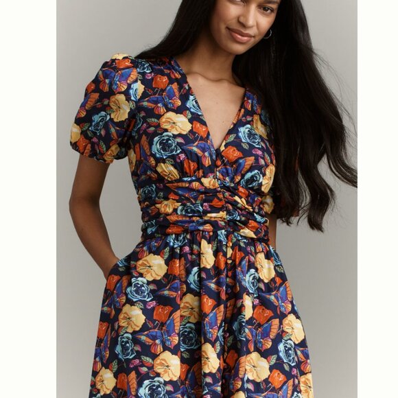NWT Anthropologie Navy Floral Rose Print Katerina Button-Front Dress Women's 1X - Picture 4 of 15